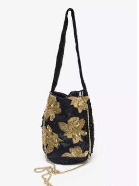 NWT Zara Black & Gold Beaded Floral Embroidery Bucket Bag BLOGGER FAV Gold Chain